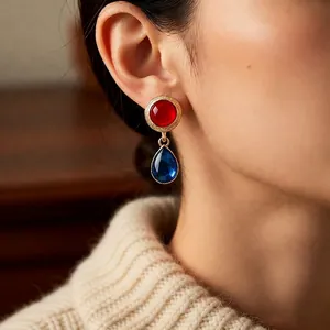 Vintage gold-plated drop earrings with red round resin and blue waterdrop pendant