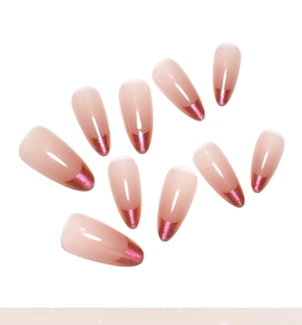Detail of 10-piece almond press-on nails with rose red French cat-eye design