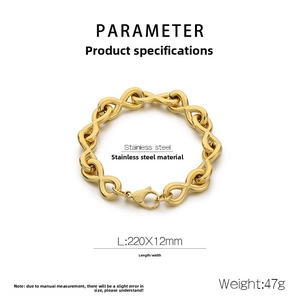 Detailed macro view of the 12mm wide gold-toned infinity link stainless steel bracelet
