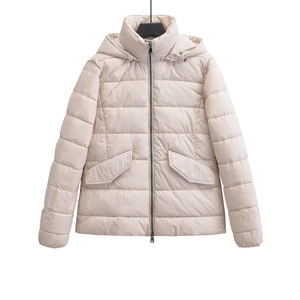 Beige hooded puffer jacket for women featuring horizontal quilting and large front pockets