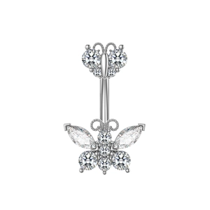 Detailed view of silver belly ring with dual butterfly designs and sparkling zircon stones
