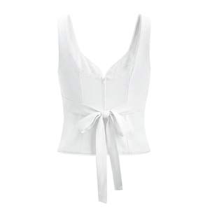 Top débardeur blanc col en V avec bordure en dentelle et nœud décoratif devant