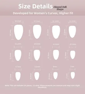 Size chart for almond press-on nails showing 24 pieces in 12 different dimensions