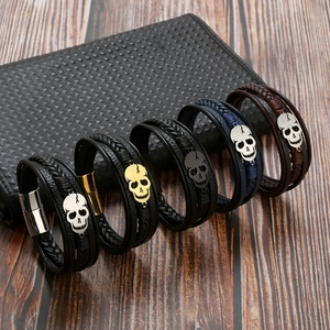 Men Skull Charm Multi-layer Braided Leather Bracelet With Stainless Steel Magnetic Clasp Punk Retro Style