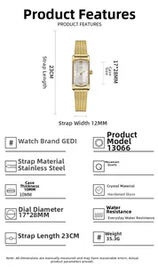 Technical specifications of vintage square gold quartz watch with mesh stainless steel strap