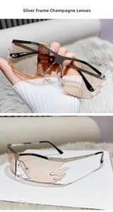 Close-up of Y2K flame-shaped rimless sunglasses with silver frame and champagne lenses