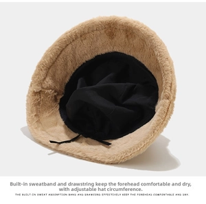 Detail of camel plush bucket hat showing adjustable inner drawcord and sweatband