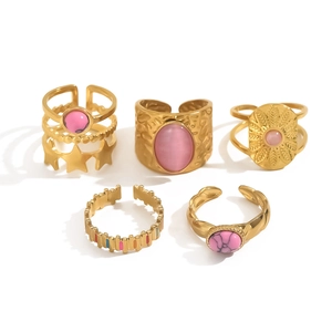 French vintage 18K gold plated stainless steel ring set with natural pink stones
