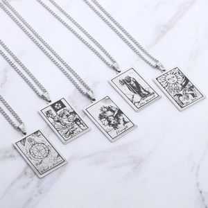 Five-piece silver tarot card pendant necklaces set with engraved rectangular vintage patterns