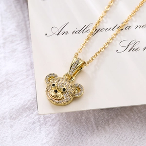 18K gold-plated necklace with a cute bear pendant fully paved in white zircons