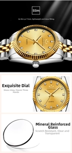 Detailed view of 11mm slim case and mineral glass on gold quartz business watch