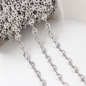 Macro shot of silver pig nose chain links for DIY jewelry making bulk supply