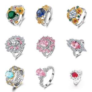Selection of S925 sterling silver rings with colorful zircon stones in various designs