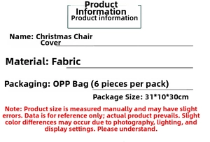 Detail specifications for non-woven red Christmas chair covers in 6-piece package set