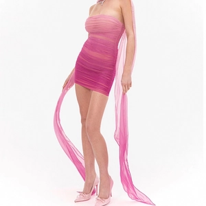 Vestito Mini In Mesh Arricciato Sfumato Rosa Tubino Senza Spalline Aderente Sexy Clubwear Con Sciarpa Elegante Donna
