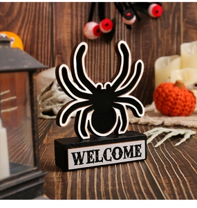 Décoration de table araignée en bois d'Halloween avec panneau Welcome et ambiance