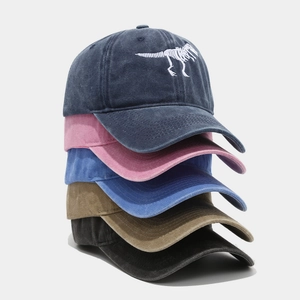 Fashionable washed cotton baseball cap set with dinosaur skeleton embroidery in five colors