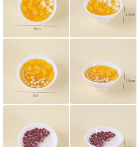 Macro detail of 5cm miniature dessert bowls showing realistic food textures and dimensions
