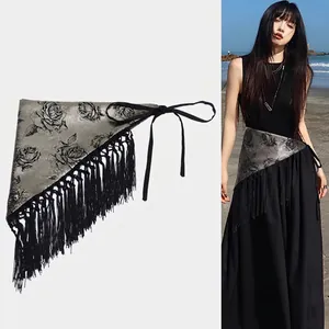 Women Waist Chain Belt Fabric Triangle Scarf With Rose Print And Long Tassel Fringe Lace Up Gothic Vintage Accessories