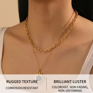 Close-up of double layer gold stainless steel necklace with sun pendant on model