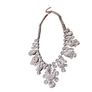 Elegant silver-toned choker necklace with teardrop and round rhinestones in a fan shape