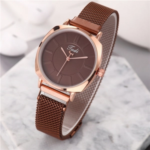 Fashionable rose gold women's watch with brown Milanese mesh strap and quartz movement