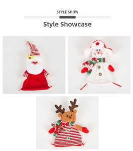 Detailed knit Christmas wine bottle covers featuring Santa, snowman, and reindeer designs