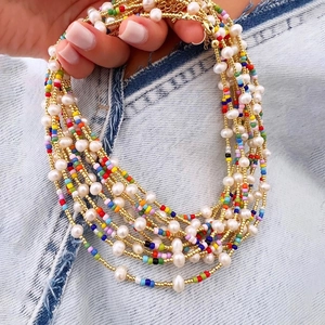 Colorful seed bead and baroque pearl necklace layering set in bohemian style