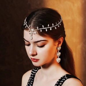 Rhinestone Bridal Forehead Chain Headpiece Leaf Vine Silver Color Crystal Hairband Wedding Party Jewelry For Women