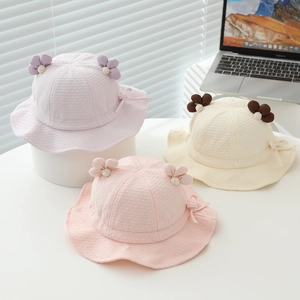 Baby Bucket Hat Waffle Cotton Flower Bow Breathable Sun Protection Soft Fisherman Cap For Infant Toddler