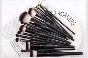 Close-up of professional makeup brush set with labels for powder, blush and eyeshadow