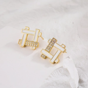 18K gold plated geometric square stud earrings with white enamel and sparkling zircons