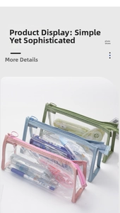 Macro shot of three candy-colored transparent PVC pencil cases with round zipper pulls