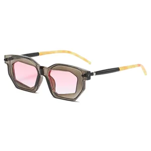 Retro hexagonal sunglasses with pink gradient lenses and two-tone frames for street style