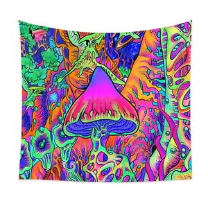 Bohemian psychedelic mushroom tapestry with vibrant fantasy plants for room decoration