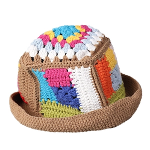 Handmade colorful crochet bucket hat with rainbow knit patterns and hollow weave texture