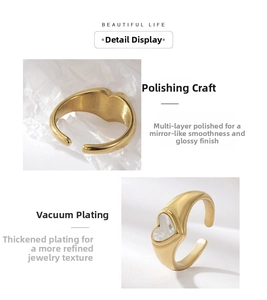 Detail of gold heart ring showing vacuum plating and polished mother of pearl inlay