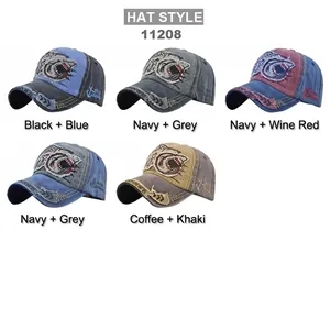 Distressed cotton baseball caps with shark embroidery and vintage washed finish in 5 colors