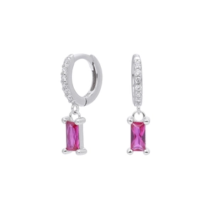 Detail of silver S925 earrings with rectangular purple gemstones and sparkling zircon pavé