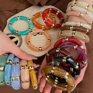 Acrylic Beaded Bangle Bracelet Vintage Geometric Resin Marble Texture Elastic Hand Ring With Metal Spacers For Women