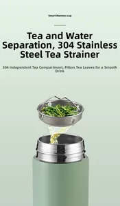 Macro detail of 304 stainless steel smart thermos cup showing tea infuser and filter