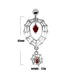 Gothic silver spider web navel ring with red teardrop zircon and 42mm size detail