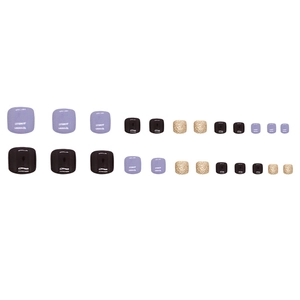 Mélange de faux ongles de pieds lilas, noirs et pailletés d'or en différentes tailles