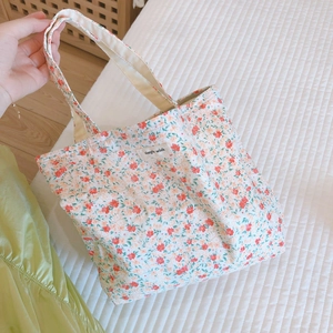 Sac Fourre-Tout En Toile De Coton À Fleurs Style Coréen Fermeture Éclair Petit Sac À Main Portable Pour Femmes