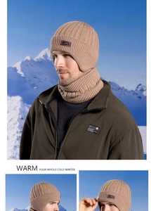 Detail of camel knit beanie and neck warmer set with thick fleece lining for winter outdoor warmth