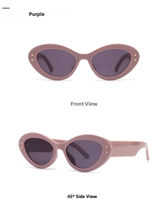 Front and side view of purple cat-eye sunglasses with gold star rivets and grey lenses