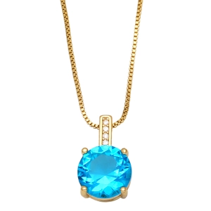 Golden necklace with round sky blue gemstone pendant and box chain on white background