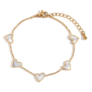 18K gold plated stainless steel bracelet with five white shell heart charms
