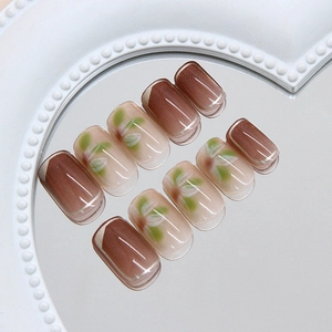 Brown cat-eye and floral press-on nails set with 10 short square pieces on mirror