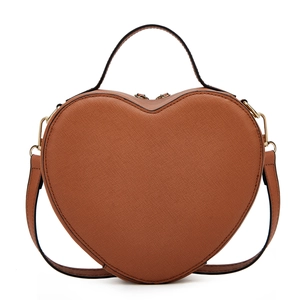Brown heart-shaped crossbody bag with cross-pattern leather and gold hardware